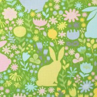 Baumwollgewebe Happy Easter grüne Wiese mit Hasen  Ostern