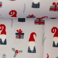 Baumwollgewebe Canvas mit Weihnachts-Zwergen + Wichteln, hellgrau