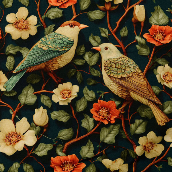 French Terry Vögel mit Blumenranken